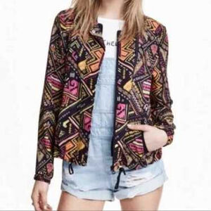 H&M Loves Coachella Bomber Jacket Black Geometric Size 10